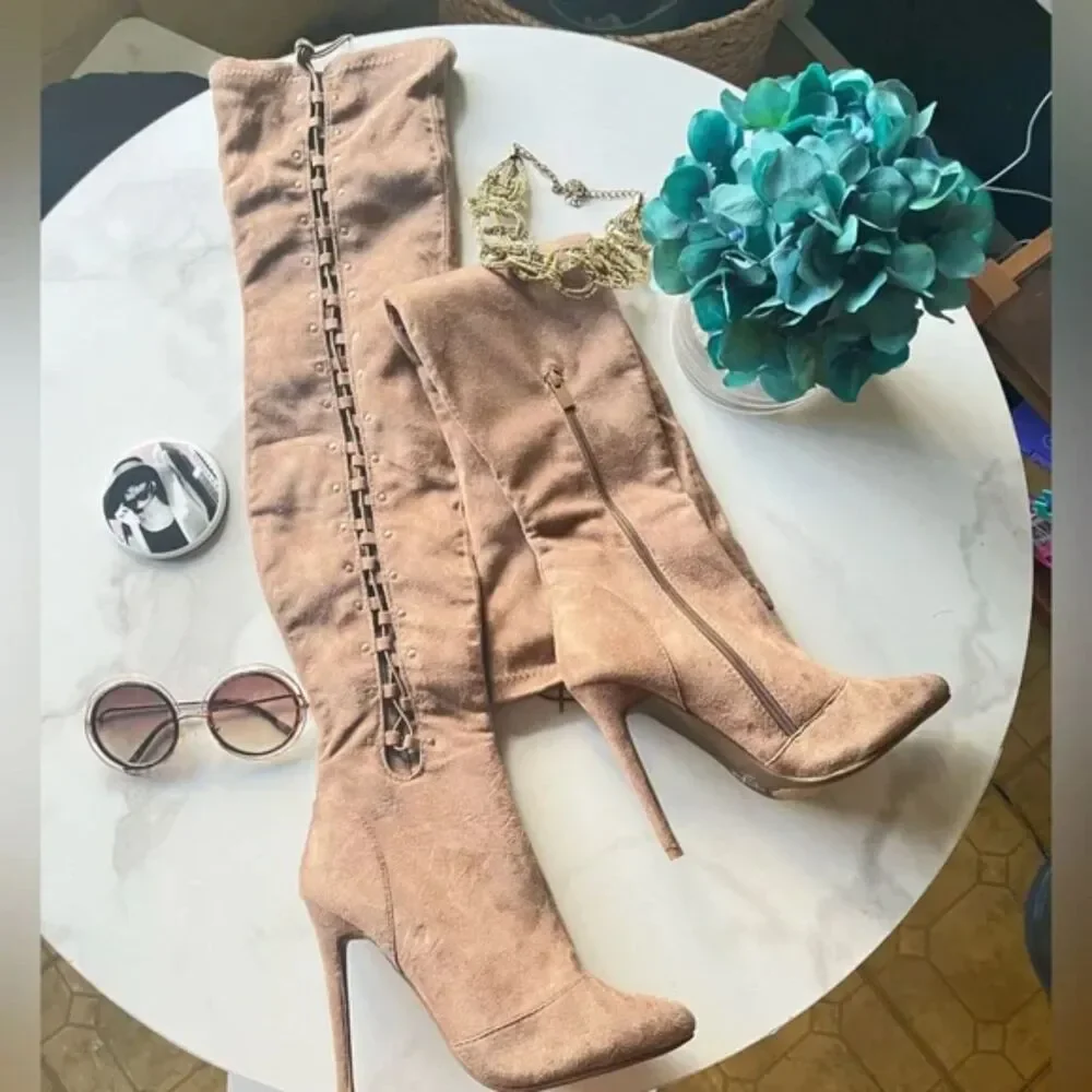 Vintage Camel Suede High Heel Over the Knee Boots Lace Up Back Side Zip 9